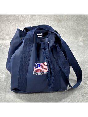 Ralph Lauren Polo Sport Bucket Bag Blue Flag Drawstring Vinyl Tote Web Straps